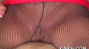 Slim angel flaunts hairy snatch and feet in fancy hose