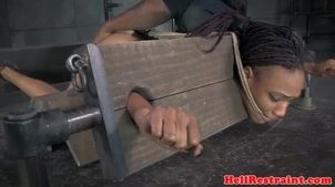 Ebony sexslave pussy toyed while analy hooked